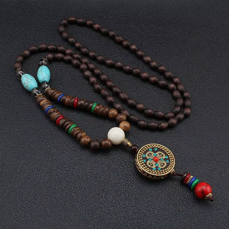 Vintage Handmade Necklace Nepal Buddhist Mala Wood Beads Pendant & Necklace Ethnic Fish Horn Long Statement Men Women'S Jewelry