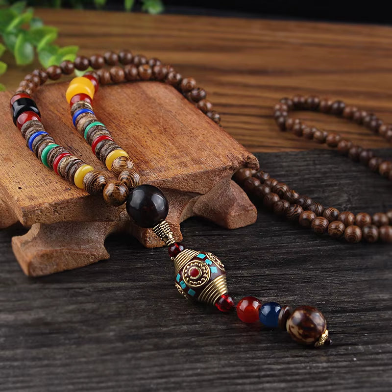 Vintage Handmade Necklace Nepal Buddhist Mala Wood Beads Pendant & Necklace Ethnic Fish Horn Long Statement Men Women'S Jewelry