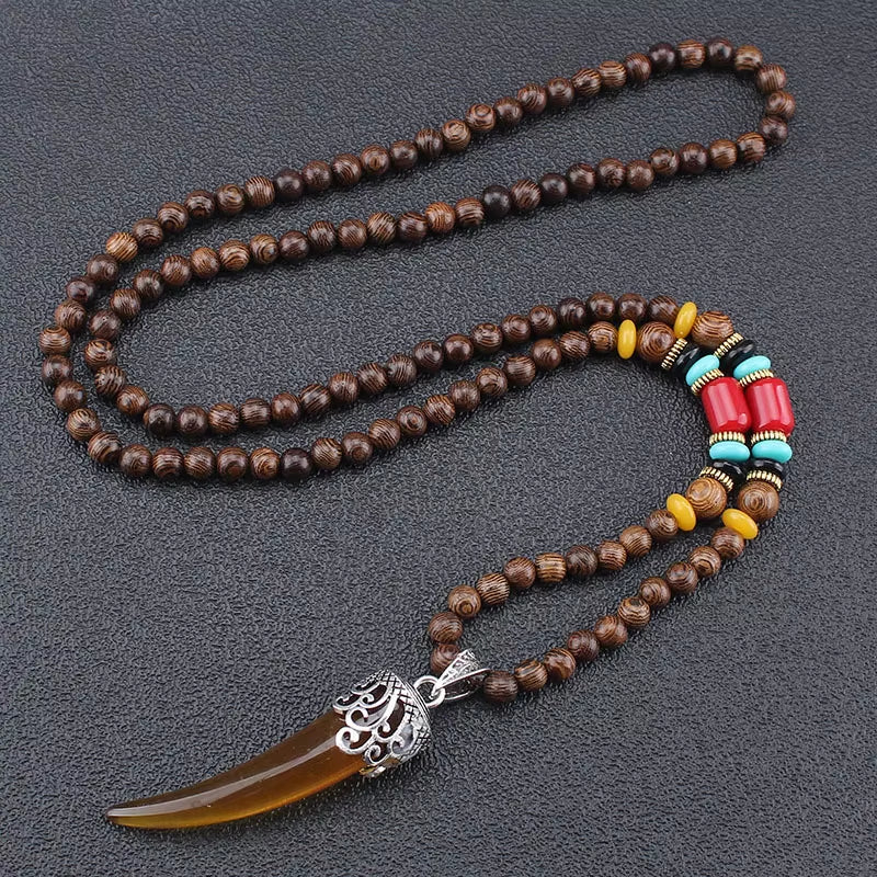 Vintage Handmade Necklace Nepal Buddhist Mala Wood Beads Pendant & Necklace Ethnic Fish Horn Long Statement Men Women'S Jewelry