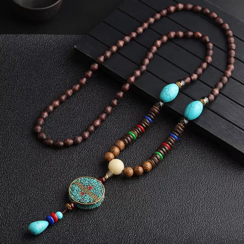 Vintage Handmade Necklace Nepal Buddhist Mala Wood Beads Pendant & Necklace Ethnic Fish Horn Long Statement Men Women'S Jewelry