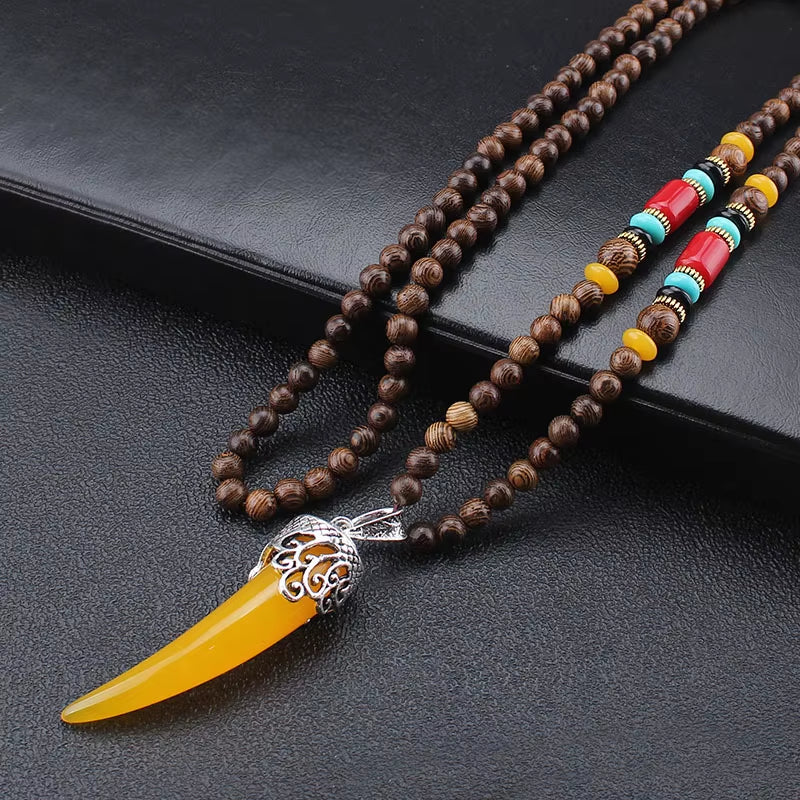 Vintage Handmade Necklace Nepal Buddhist Mala Wood Beads Pendant & Necklace Ethnic Fish Horn Long Statement Men Women'S Jewelry