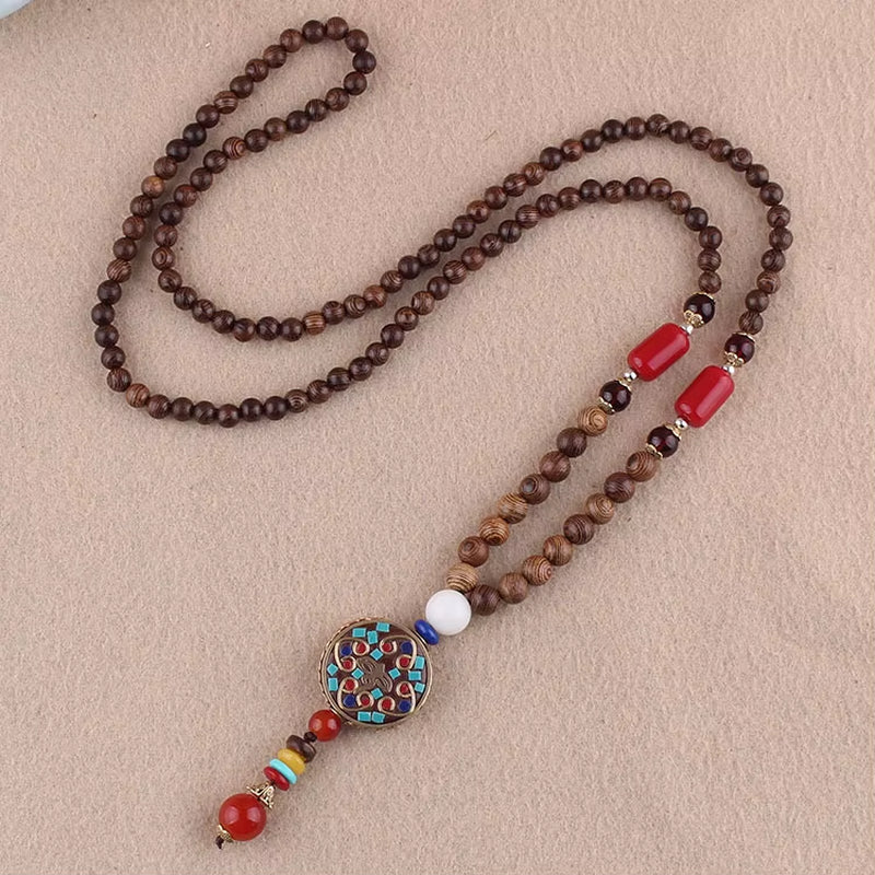 Vintage Handmade Necklace Nepal Buddhist Mala Wood Beads Pendant & Necklace Ethnic Fish Horn Long Statement Men Women'S Jewelry