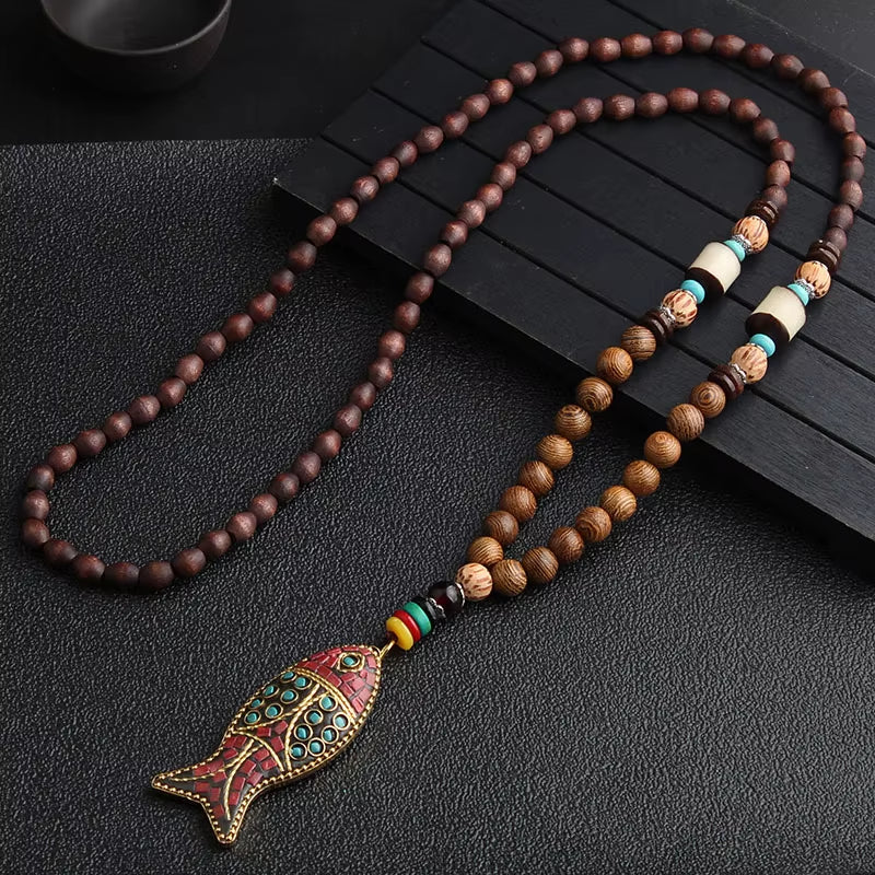 Vintage Handmade Necklace Nepal Buddhist Mala Wood Beads Pendant & Necklace Ethnic Fish Horn Long Statement Men Women'S Jewelry