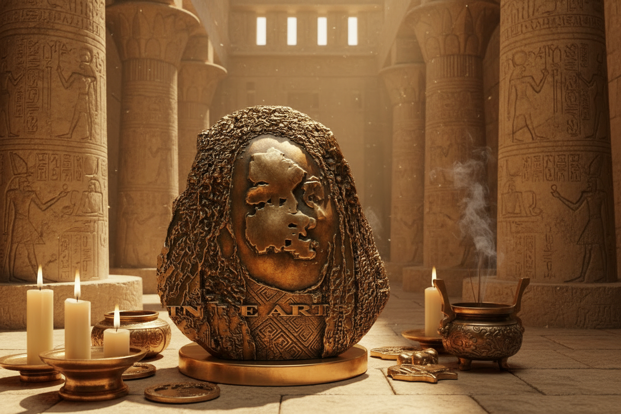 Bronze sculpture of a face with 'The Art' engraved, on a textured gold background