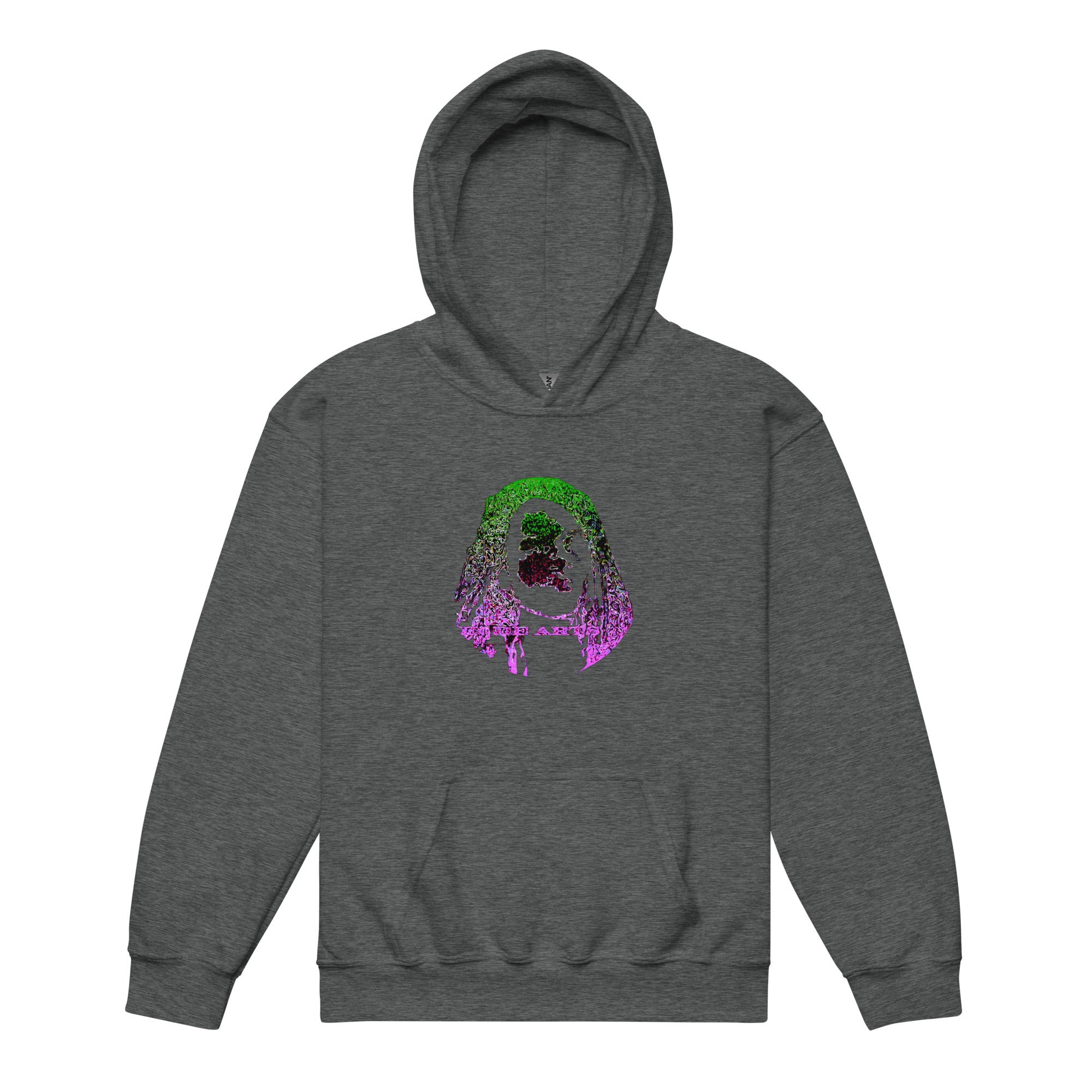 Gray hoodie with a colorful graphic design on a white background
