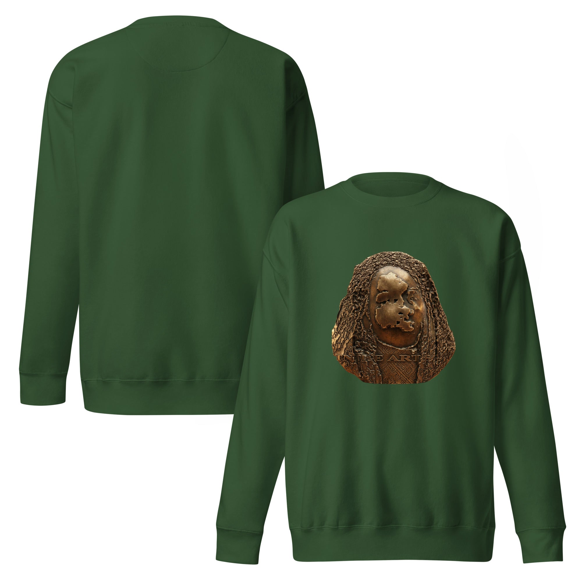 Green sweatshirt with a bronze-colored bust design on the back, shown from front and back views.