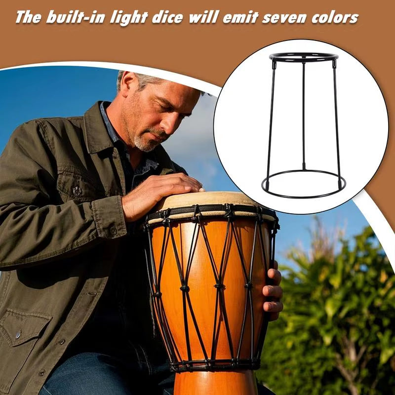 Man playing a drum outdoors with an inset showing a light fixture.