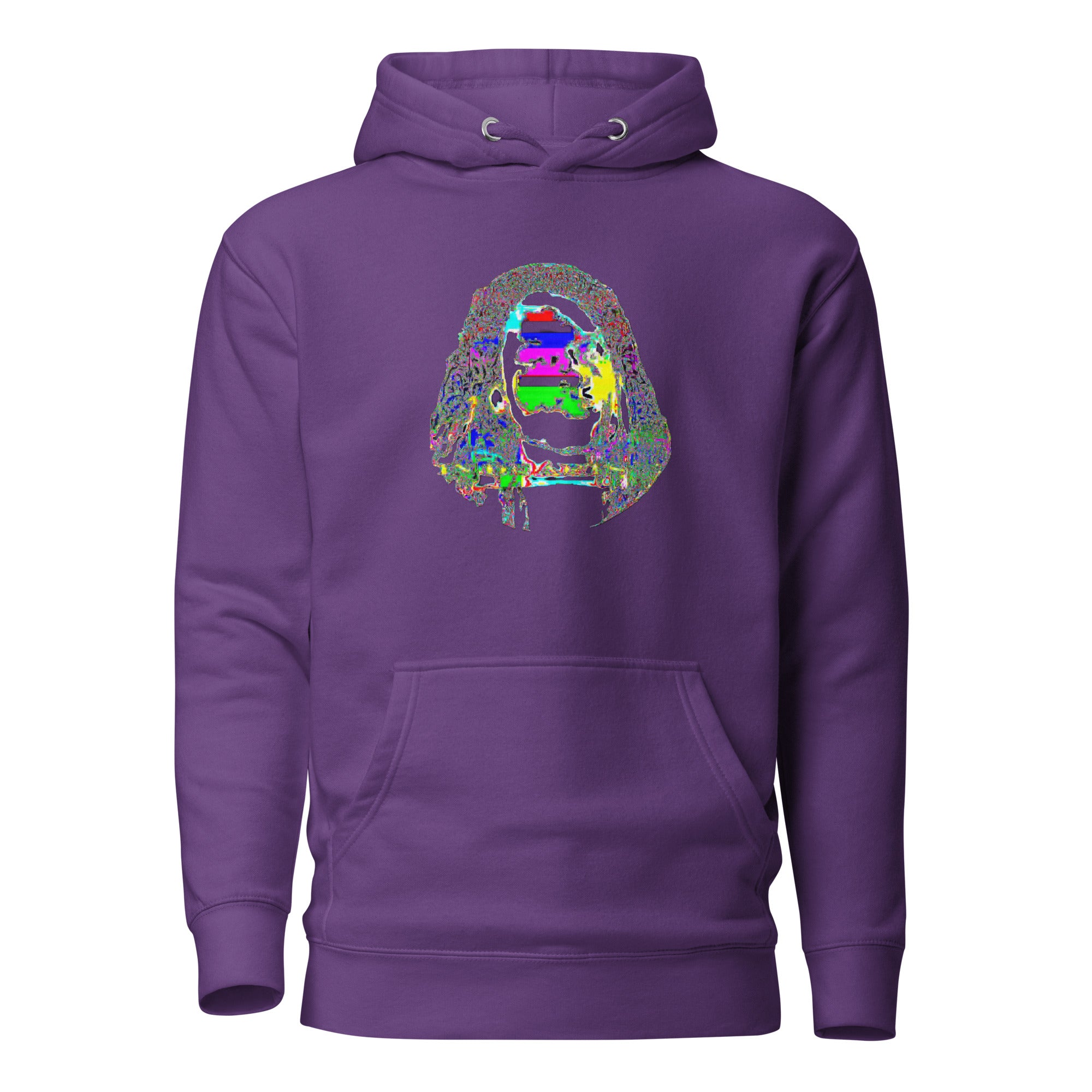 Purple hoodie with a colorful graphic design on the chest against a white background