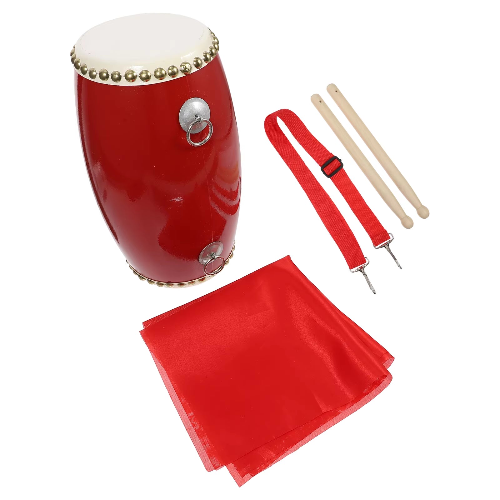 Red bongo drum set with drumsticks, strap, and cloth on a white background