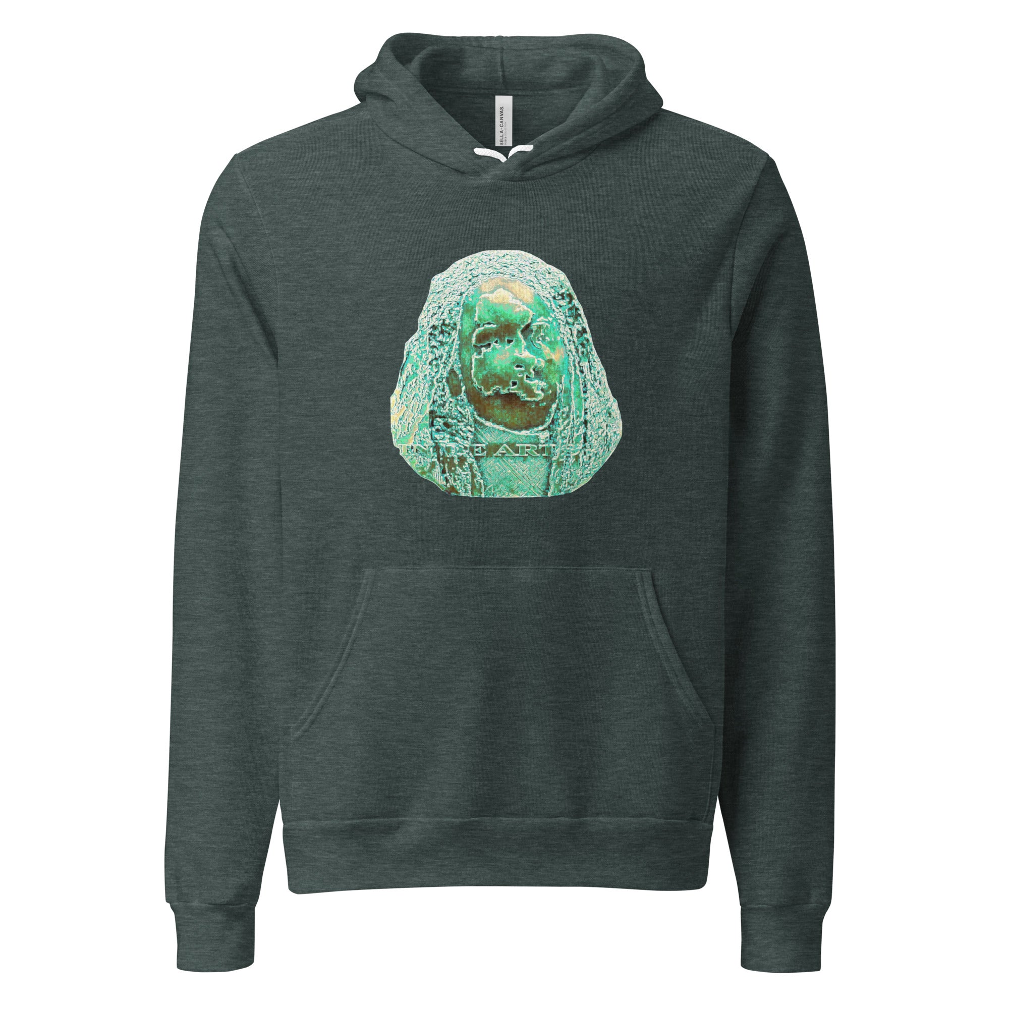 Dark green hoodie with a stone face design on a white background