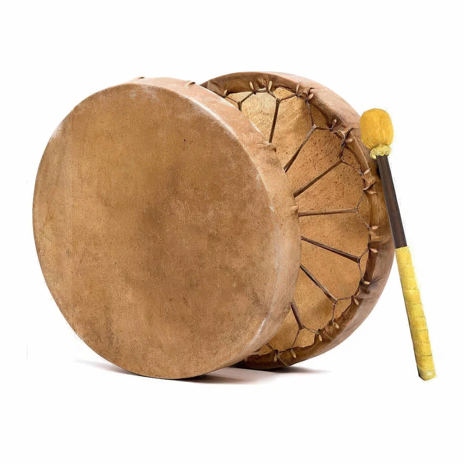 Traditional drum with a mallet on a white background
