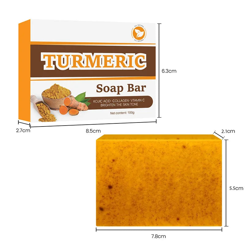 Turmeric soap bar with packaging showing dimensions on a white background