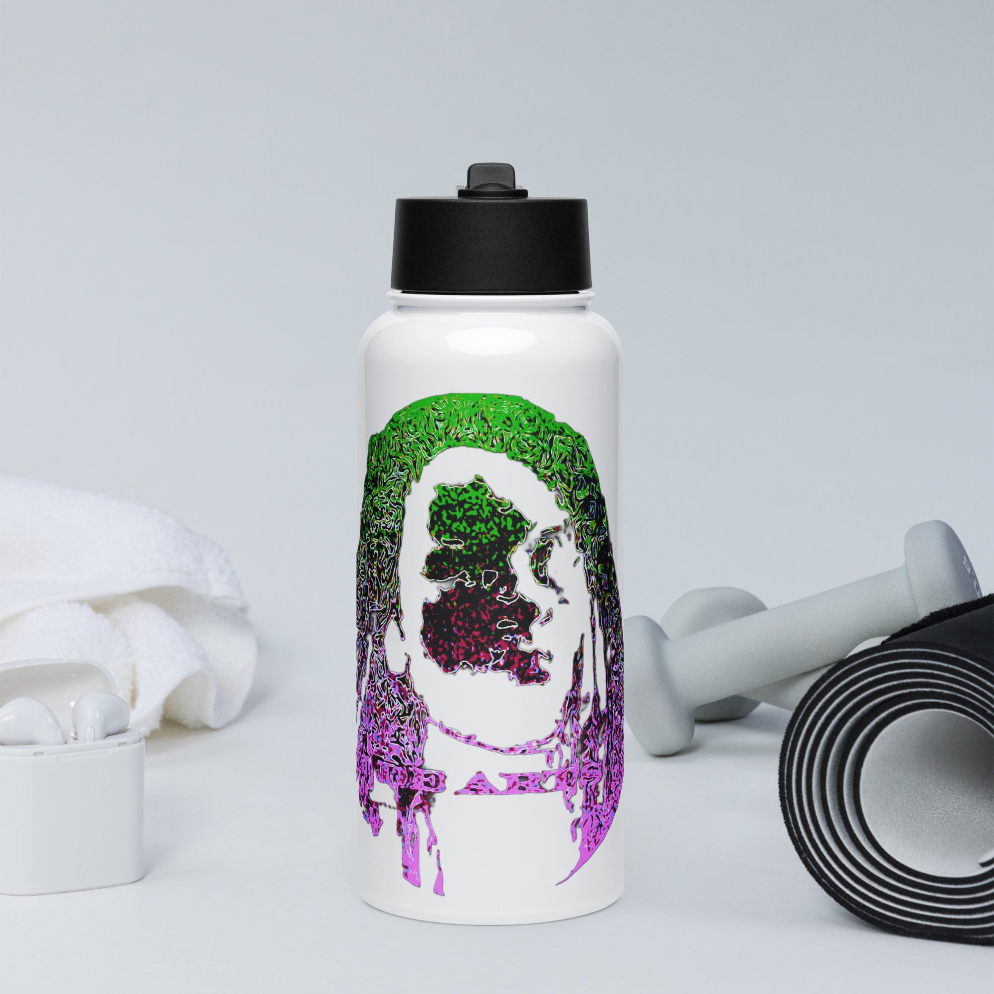White water bottle with colorful design on a light gray background