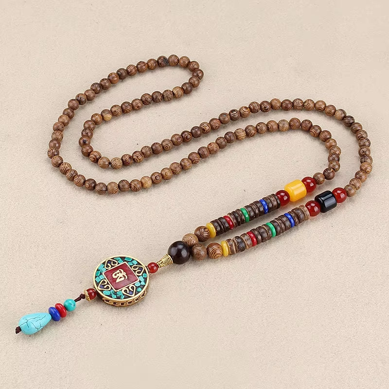 Vintage Handmade Necklace Nepal Buddhist Mala Wood Beads Pendant & Necklace Ethnic Fish Horn Long Statement Men Women'S Jewelry