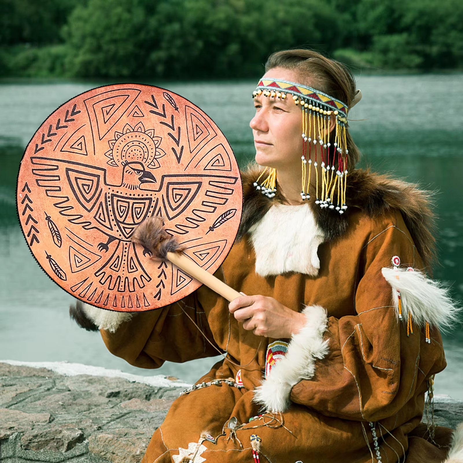 Hand Drum Musical Instruments Shamanic Drum with Mallet 3D Tree Shape Shaman Drum Hollow Back Sound of Music Decoration Full Of