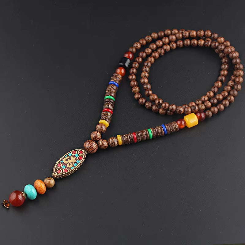 Vintage Handmade Necklace Nepal Buddhist Mala Wood Beads Pendant & Necklace Ethnic Fish Horn Long Statement Men Women'S Jewelry