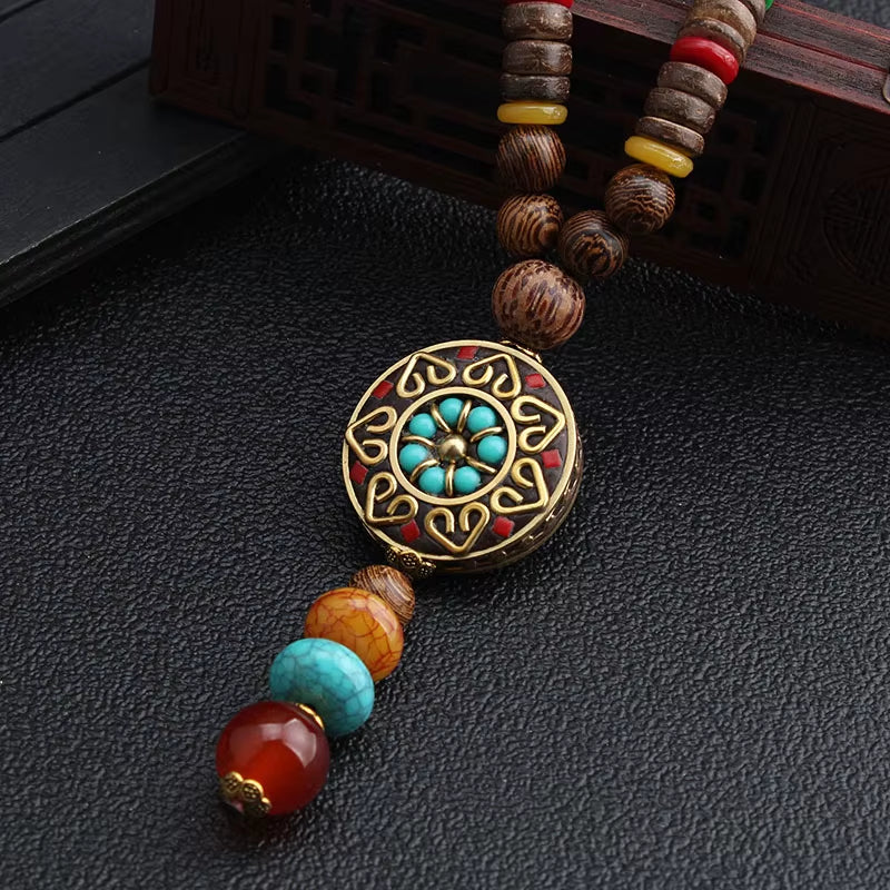 Vintage Handmade Necklace Nepal Buddhist Mala Wood Beads Pendant & Necklace Ethnic Fish Horn Long Statement Men Women'S Jewelry