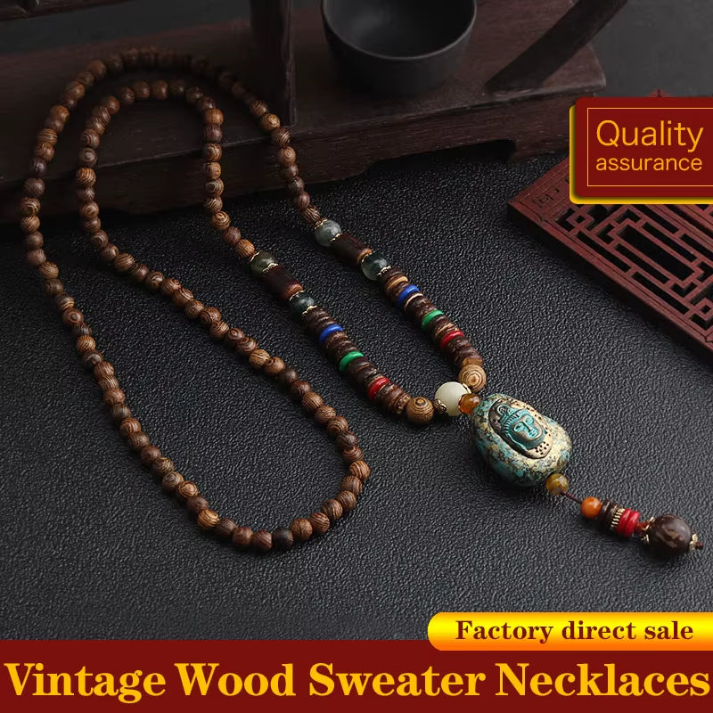 Vintage Handmade Necklace Nepal Buddhist Mala Wood Beads Pendant & Necklace Ethnic Fish Horn Long Statement Men Women'S Jewelry