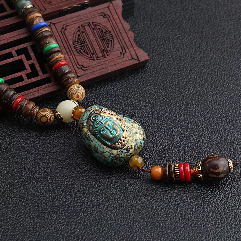 Vintage Handmade Necklace Nepal Buddhist Mala Wood Beads Pendant & Necklace Ethnic Fish Horn Long Statement Men Women'S Jewelry