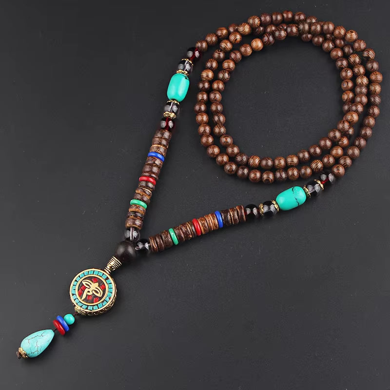 Vintage Handmade Necklace Nepal Buddhist Mala Wood Beads Pendant & Necklace Ethnic Fish Horn Long Statement Men Women'S Jewelry