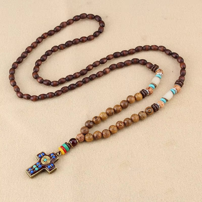 Vintage Handmade Necklace Nepal Buddhist Mala Wood Beads Pendant & Necklace Ethnic Fish Horn Long Statement Men Women'S Jewelry