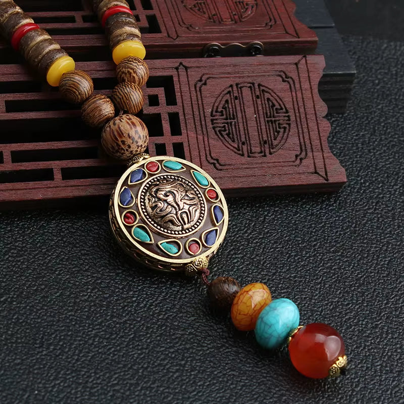 Vintage Handmade Necklace Nepal Buddhist Mala Wood Beads Pendant & Necklace Ethnic Fish Horn Long Statement Men Women'S Jewelry