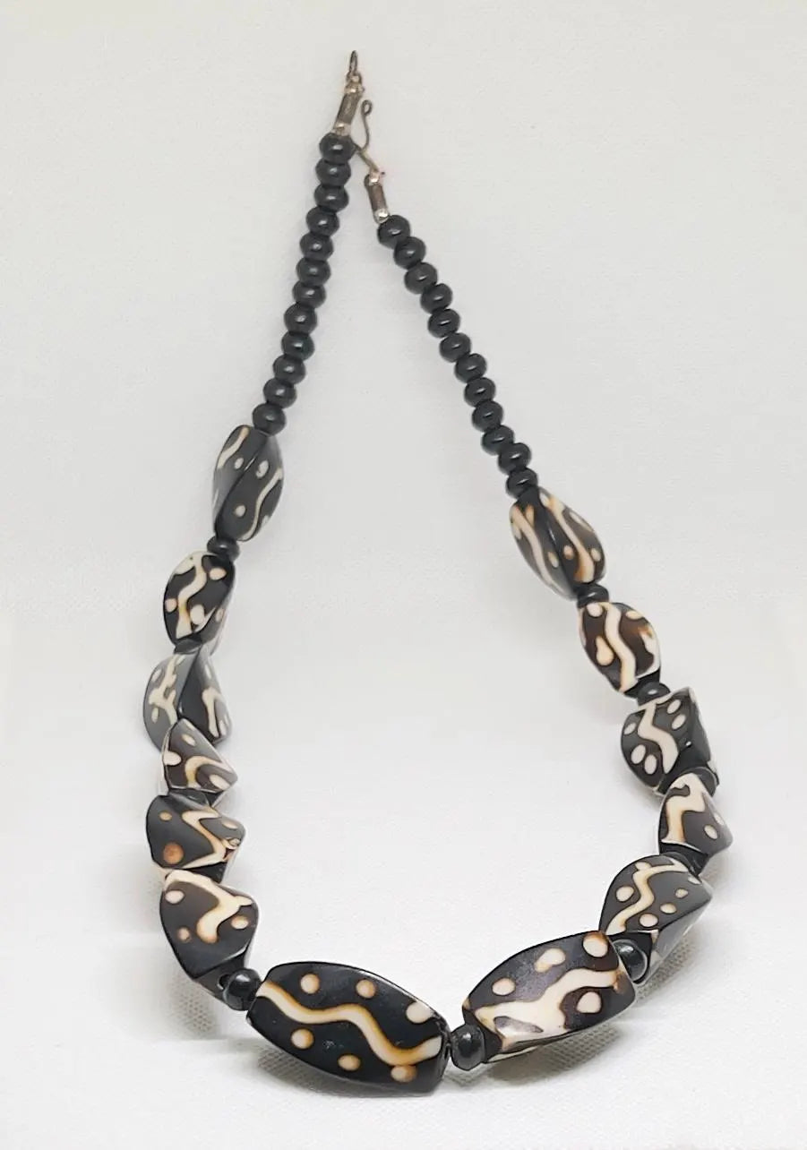 Vintage African Tribal Necklace, Black White Beads Tribal Boho Choker Jewelry
