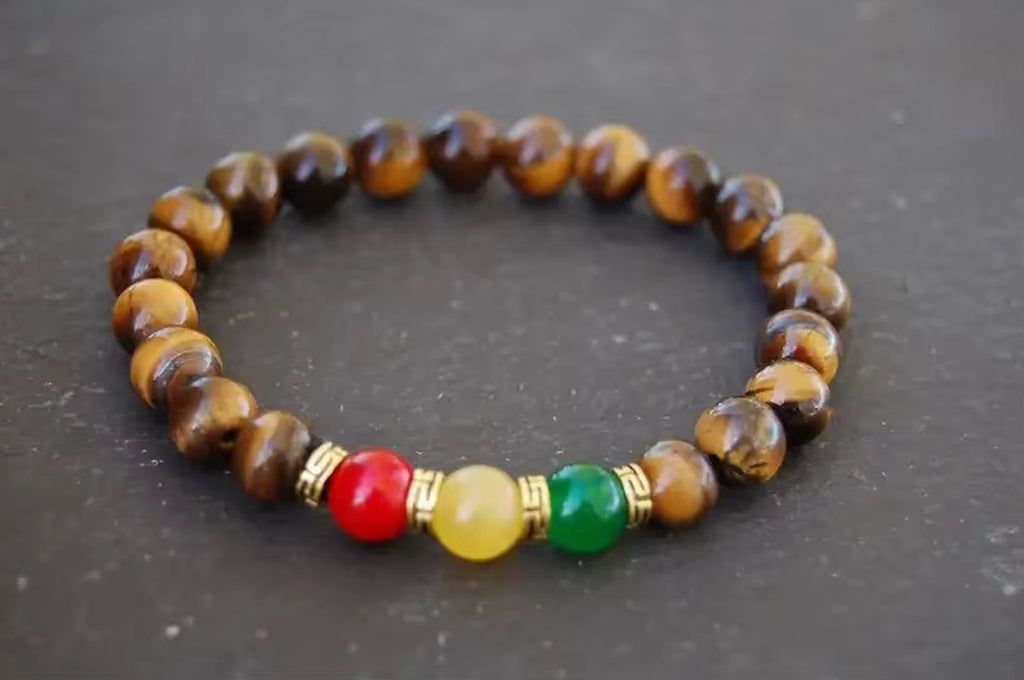 Tiger Eye Rasta Bracelet, Gem 8Mm Beads, Red and Green Topaz, Reggae Bracelet, Good Luck, Men, Women, Tiger Eye Bracelet