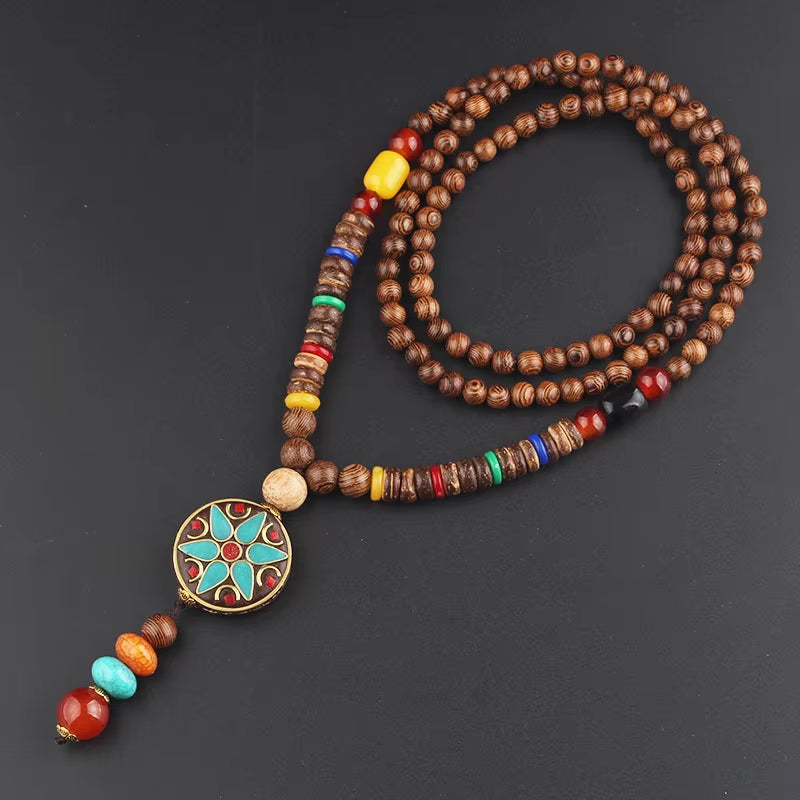Vintage Handmade Necklace Nepal Buddhist Mala Wood Beads Pendant & Necklace Ethnic Fish Horn Long Statement Men Women'S Jewelry