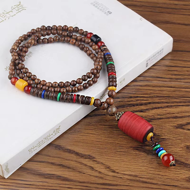 Vintage Handmade Necklace Nepal Buddhist Mala Wood Beads Pendant & Necklace Ethnic Fish Horn Long Statement Men Women'S Jewelry