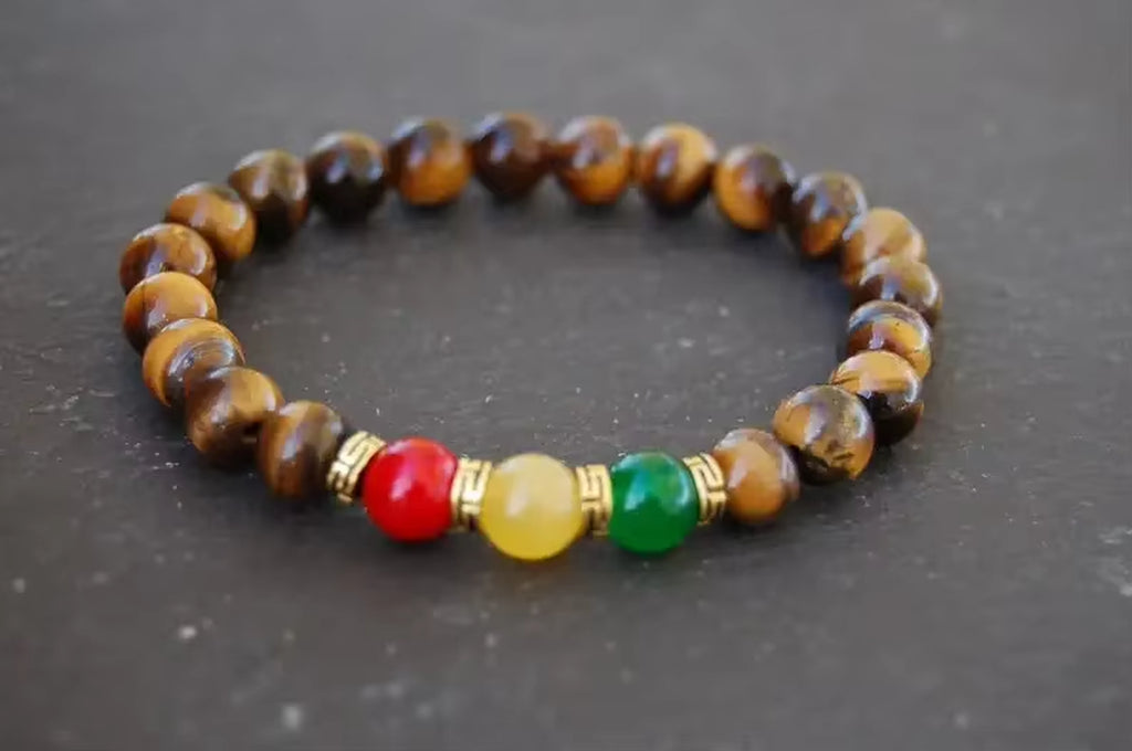 Tiger Eye Rasta Bracelet, Gem 8Mm Beads, Red and Green Topaz, Reggae Bracelet, Good Luck, Men, Women, Tiger Eye Bracelet