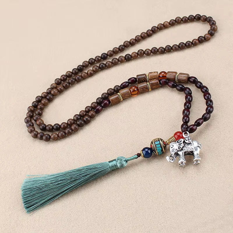 Vintage Handmade Necklace Nepal Buddhist Mala Wood Beads Pendant & Necklace Ethnic Fish Horn Long Statement Men Women'S Jewelry